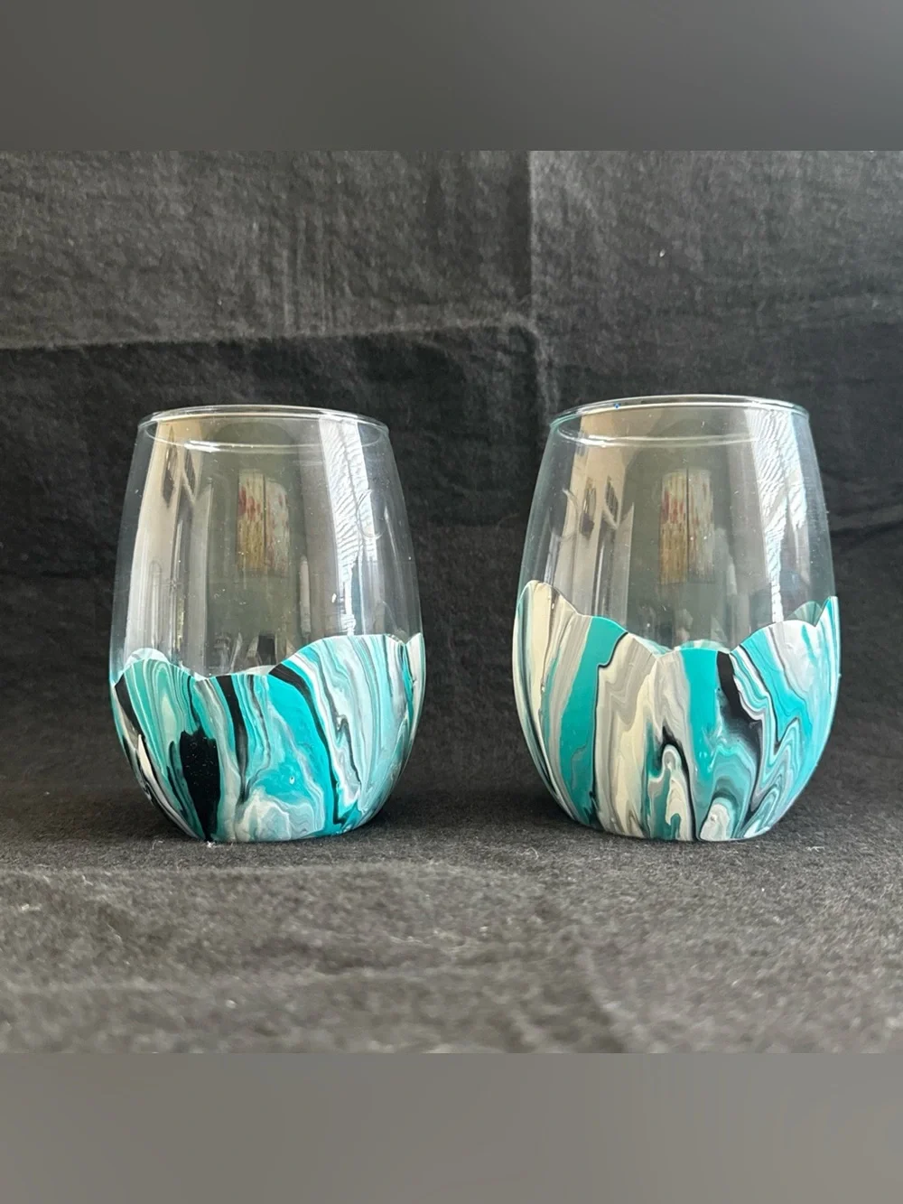 Water Marbled Stemless Wine Glasses Set Of 4 Handmade Unique Turquoise White